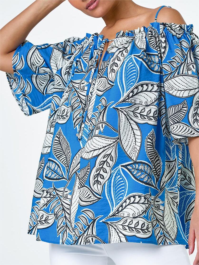 Blue Floral Off-The-Shoulder Stretch Top