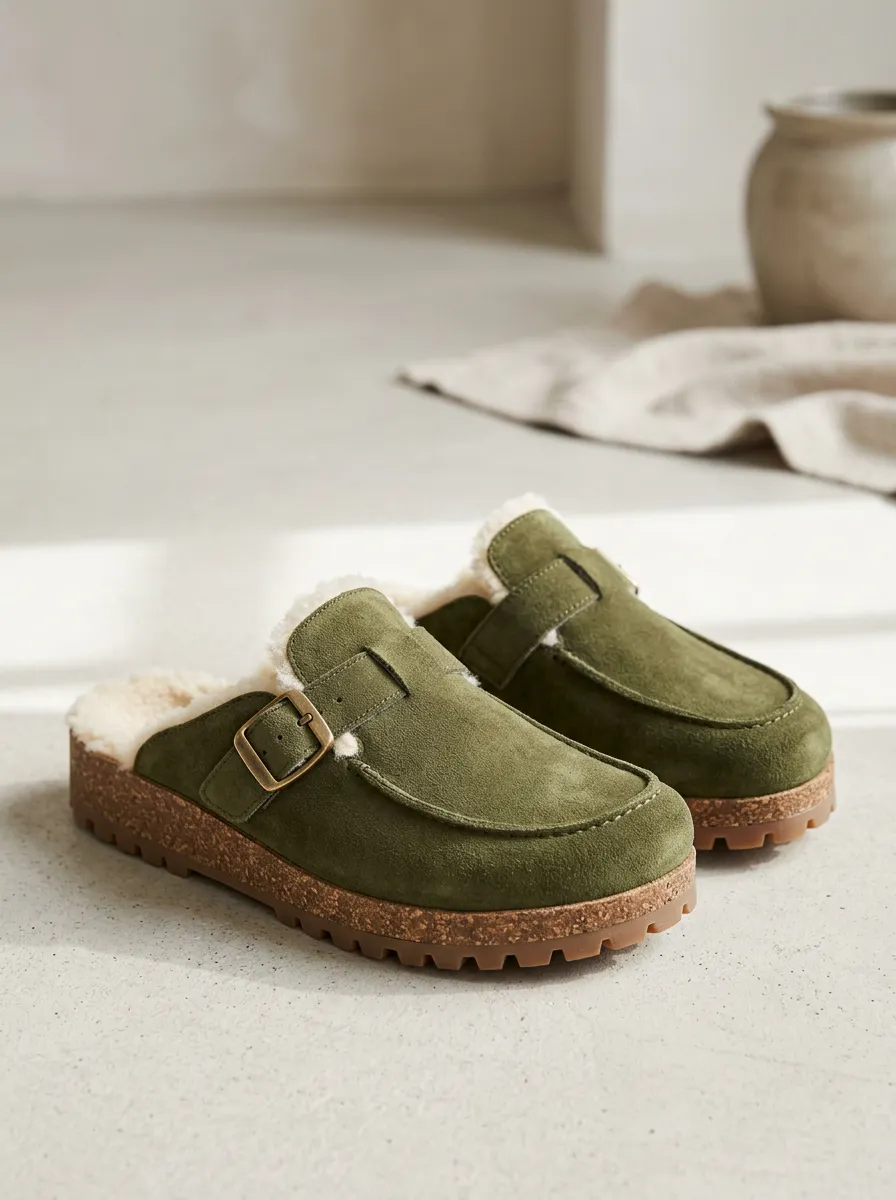 Women's Contemporary Faux Fur Lined Suede Wood Sole Loafers