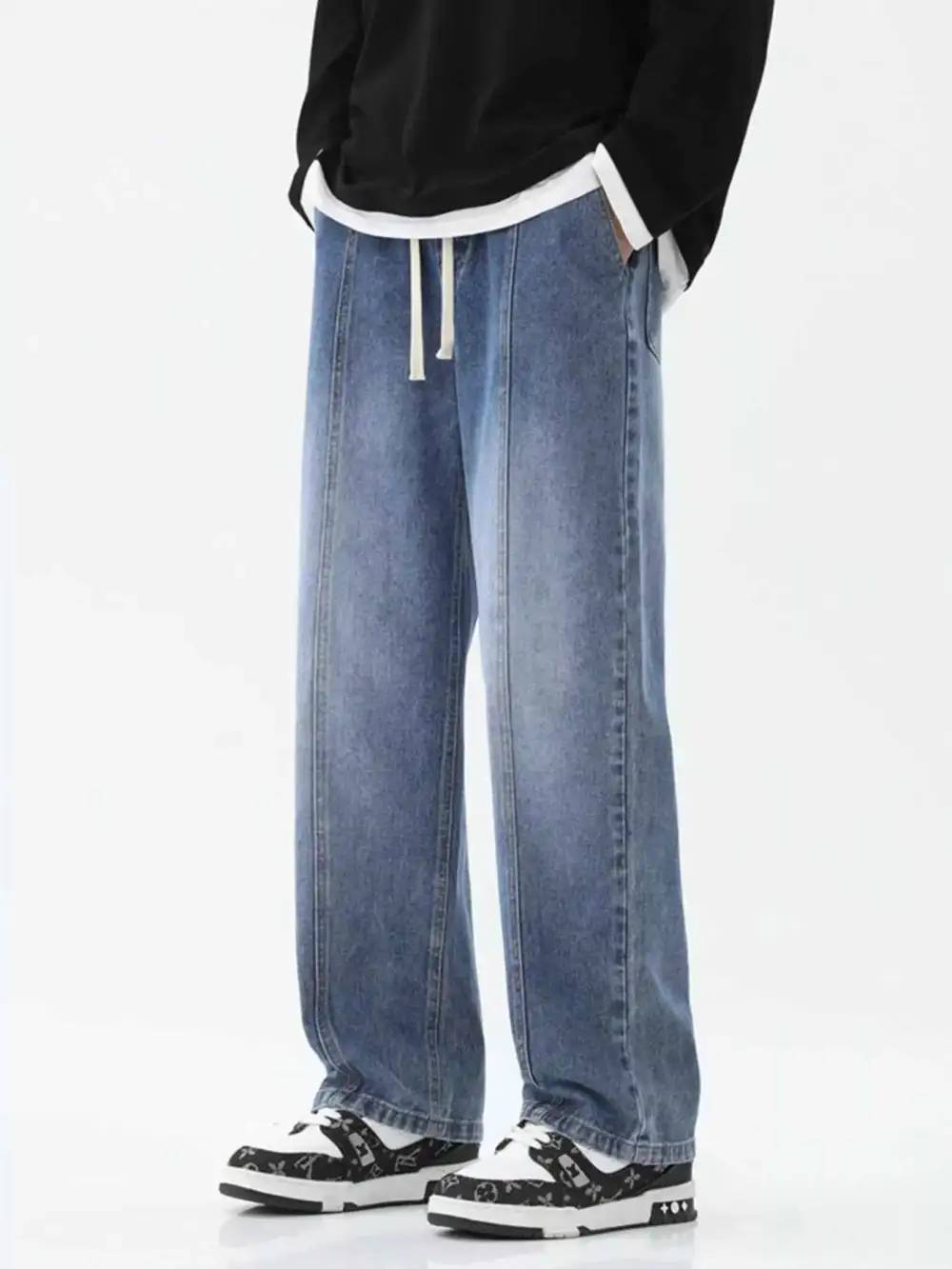 Relaxed Fit Wide Leg Drawstring Jeans