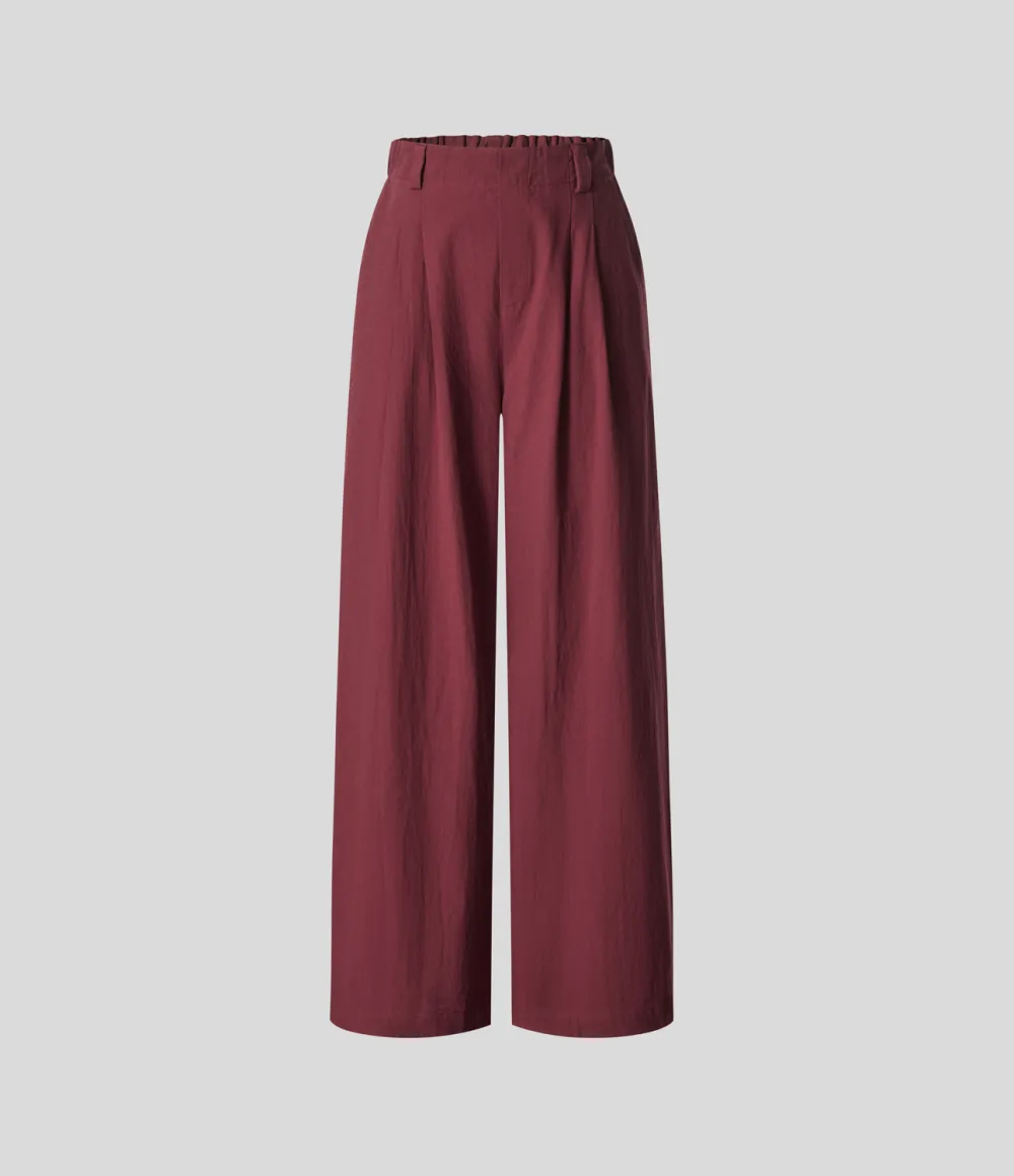 High Waisted Plicated Side Pocket Wide Leg Flowy Solid Palazzo Casual Linen-Feel Pants