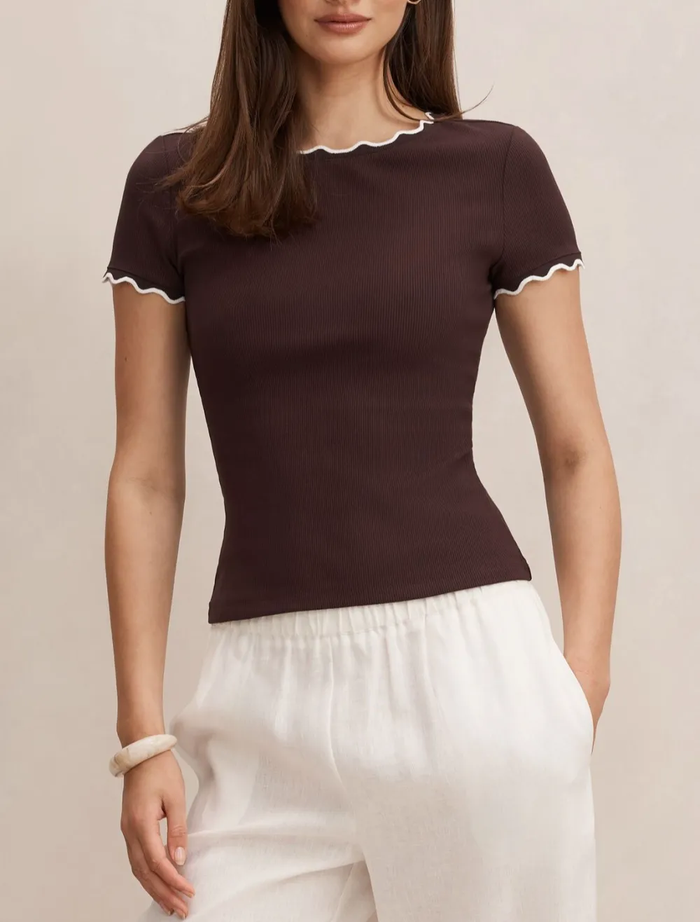 Burgundy Scallop Trim Ribbed Knit T-Shirt