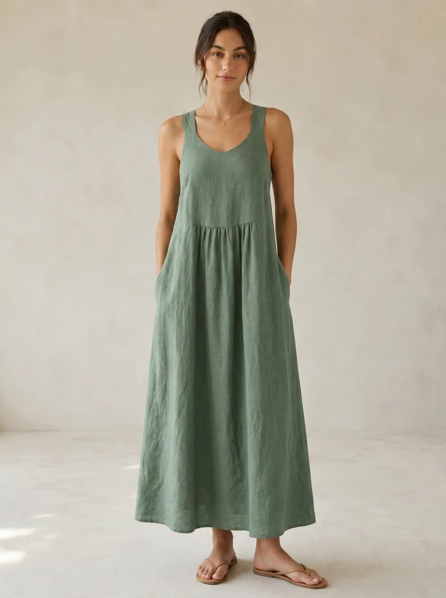 Women's Button-Detail Cross-Back Linen Maxi Backless Dress