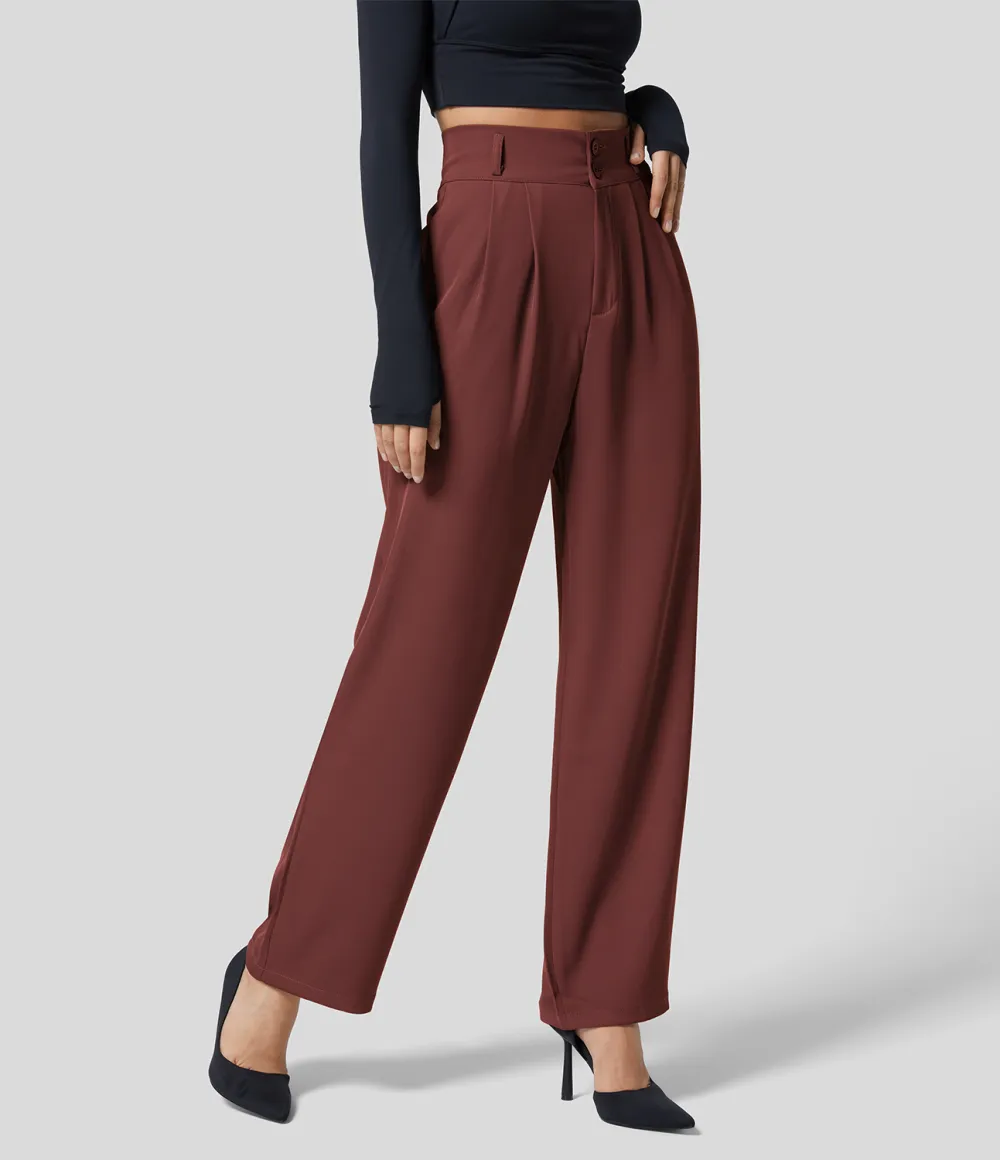 High Waisted Button Zipper Plicated Side Pocket Shirred Straight Leg Work Pants