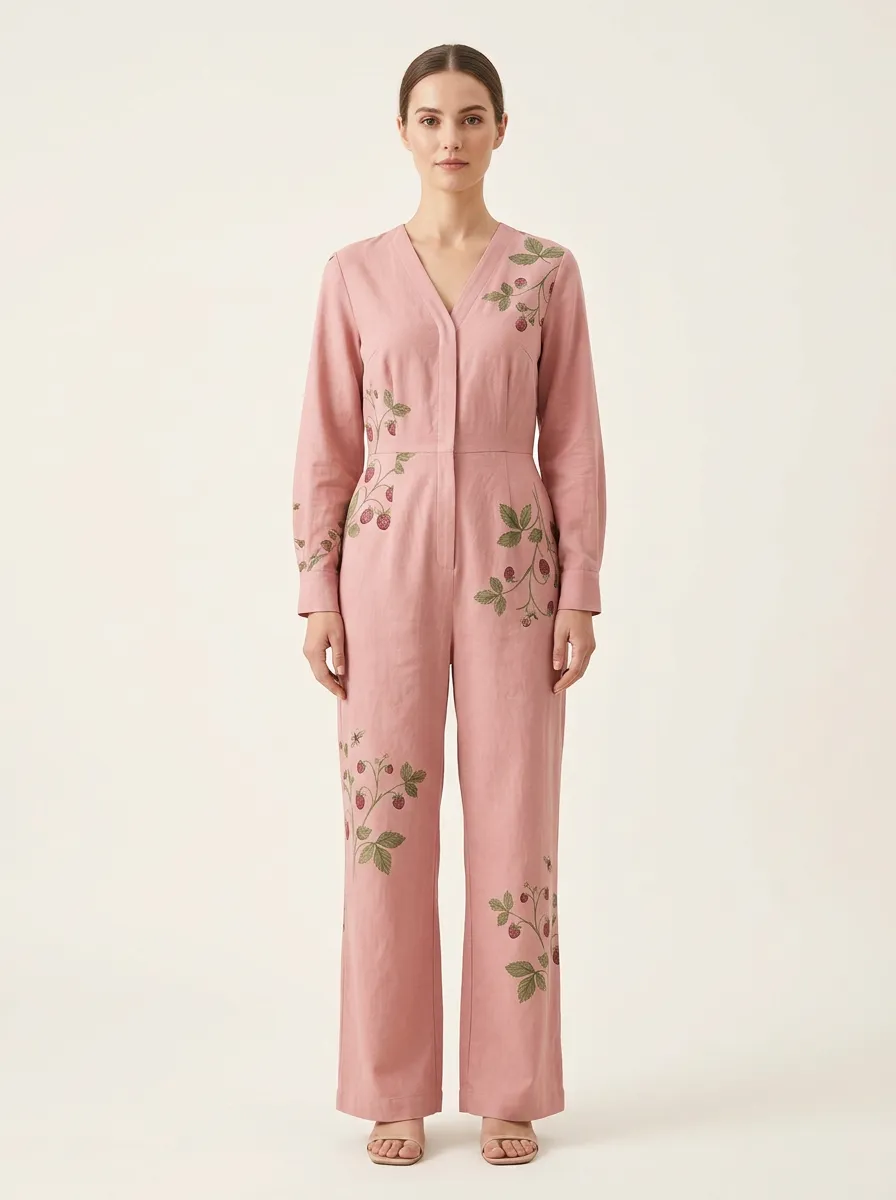 Women's V-Neck Embroidery-Detail Long-Sleeve Jumpsuit