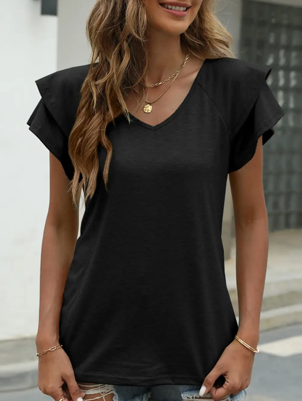 V Neck Double Layer Ruffle Sleeve Tank Top