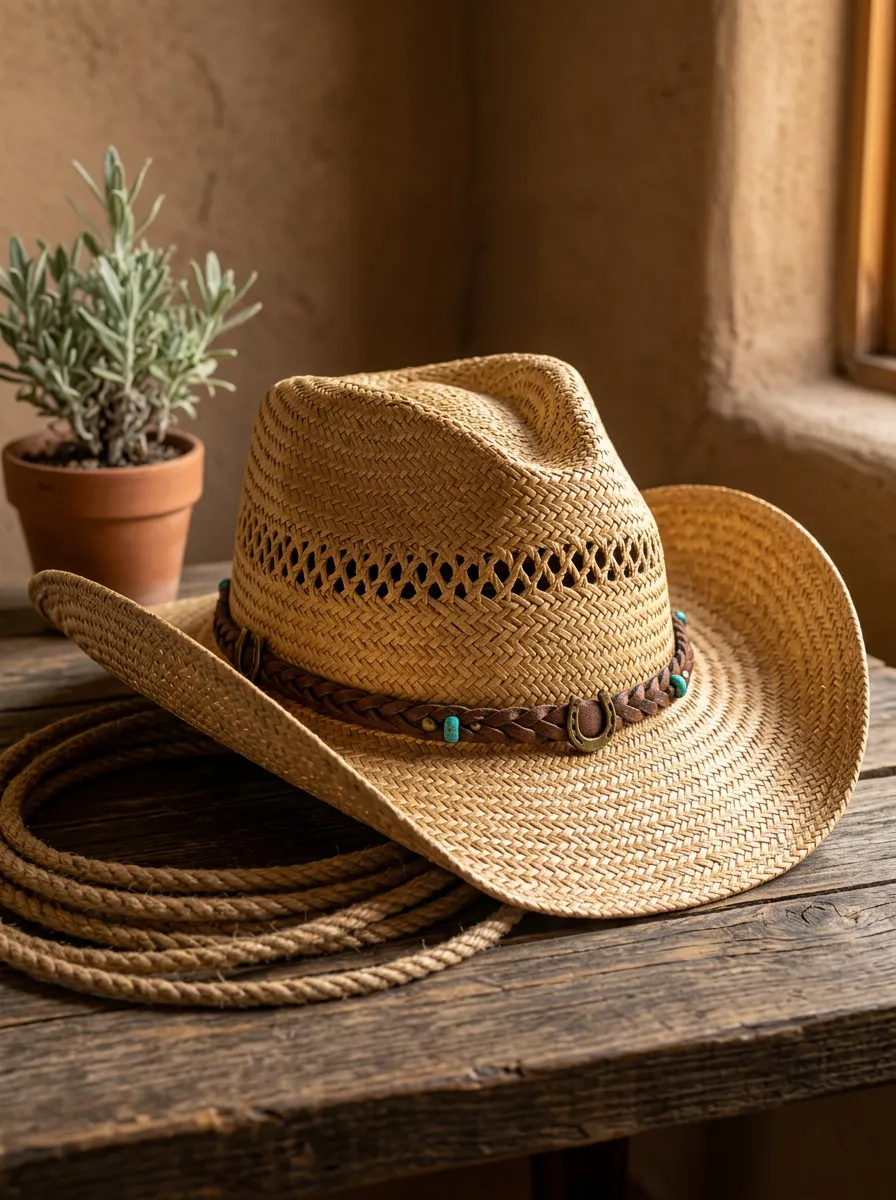 Unisex Straw Western Cowboy Hat with Braided Band