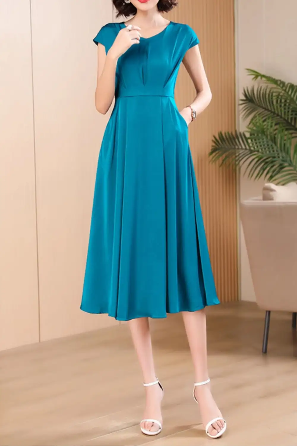 Polyester Fit And Flare V Neck Midi Dress