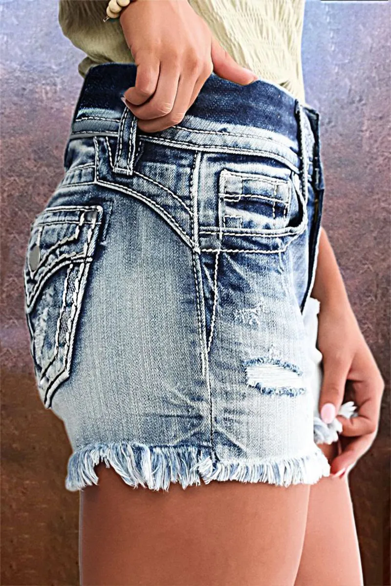 Button Fly Ripped Raw Hem Denim Shorts