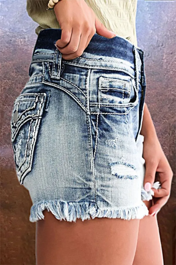 Button Fly Ripped Raw Hem Denim Shorts