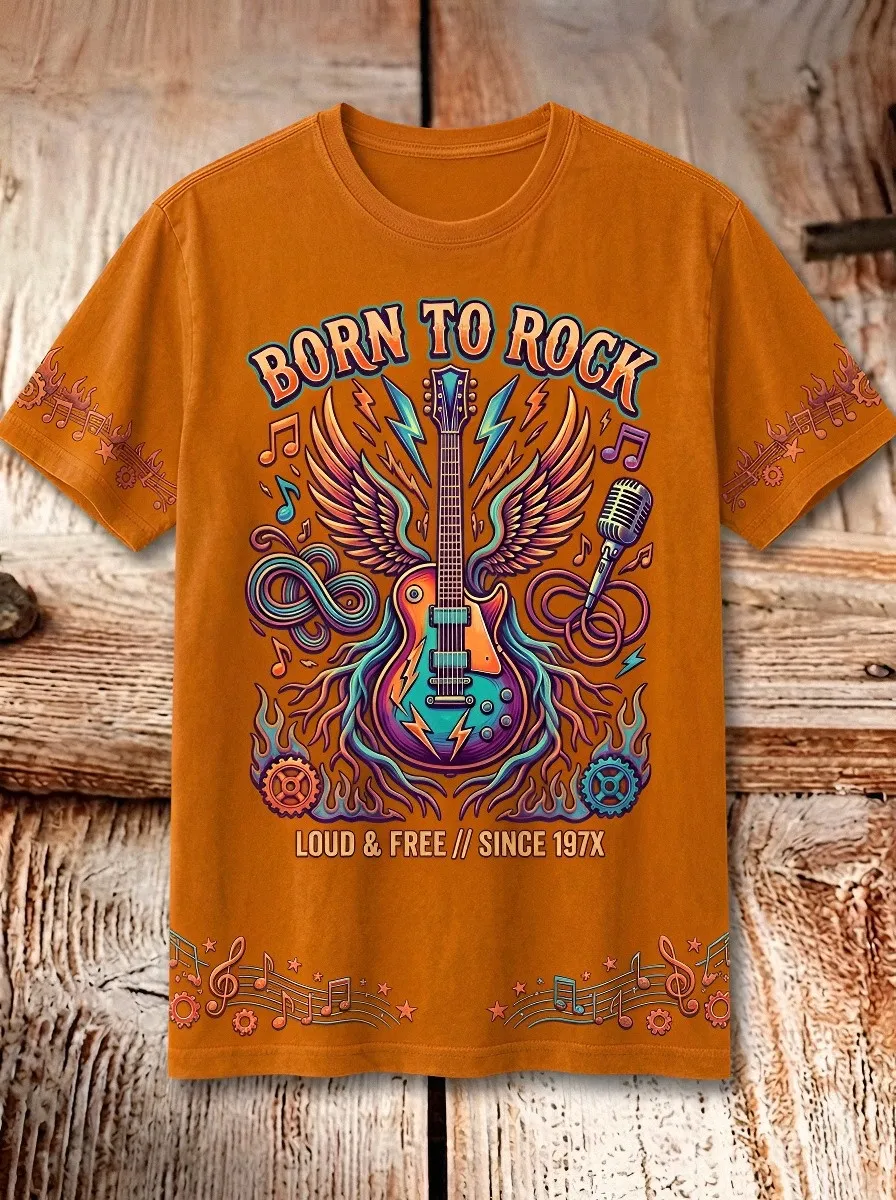 Men's Rock Music Lover Winged Guitar Microphone Printed T-shirt