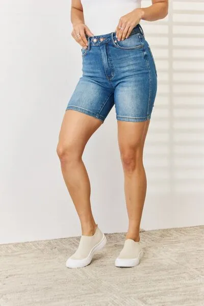 Full Size Tummy Control Double Button Denim Shorts