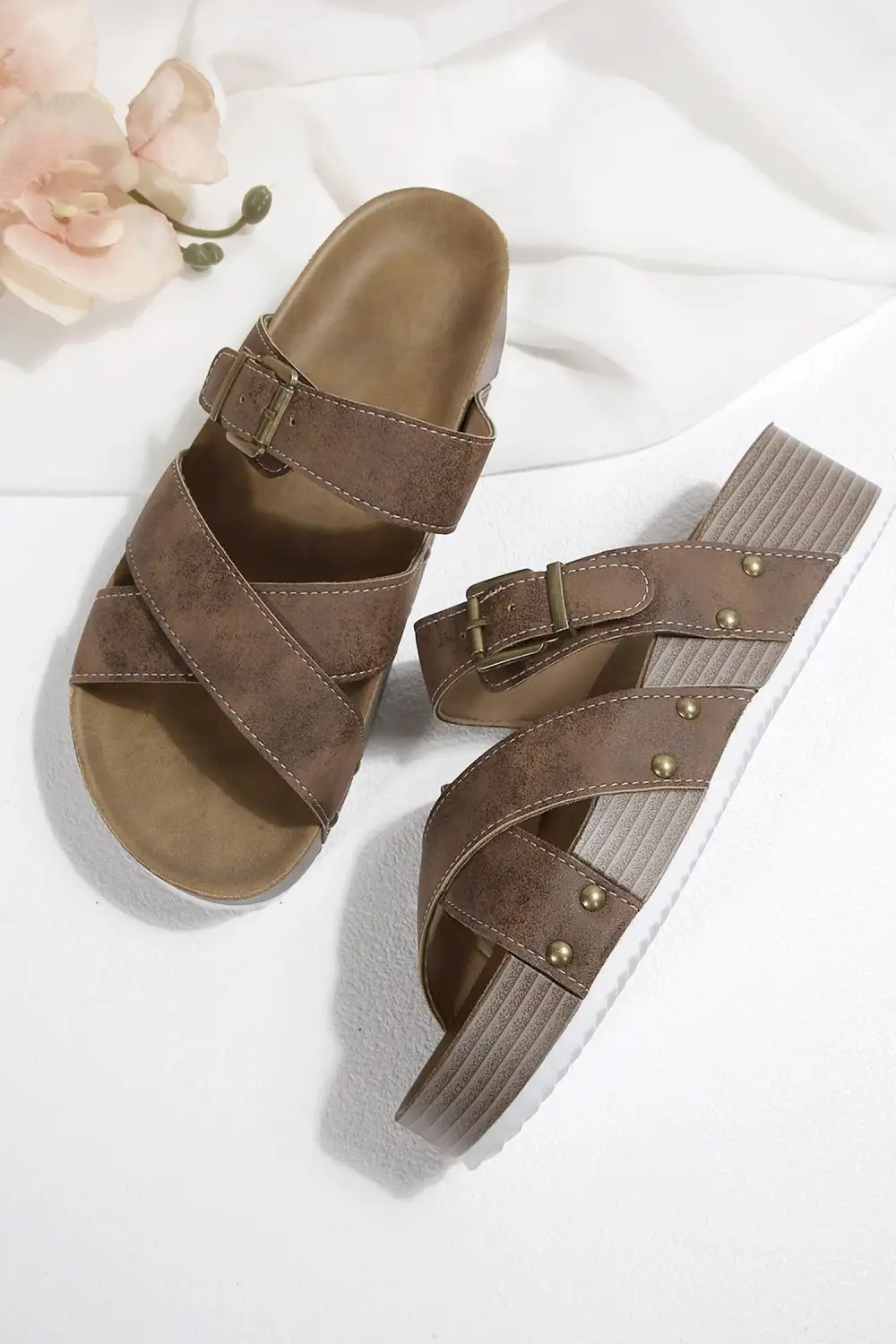 Faux Suede Leather Strappy Cutout Flat Sandals