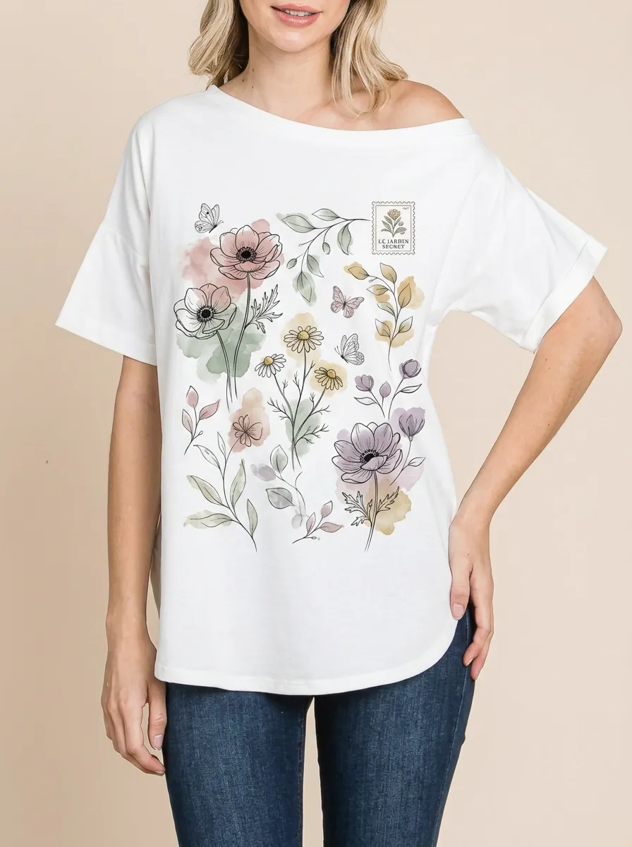 Women's Botanical Garden Butterfly Stamp Printed T-shirt