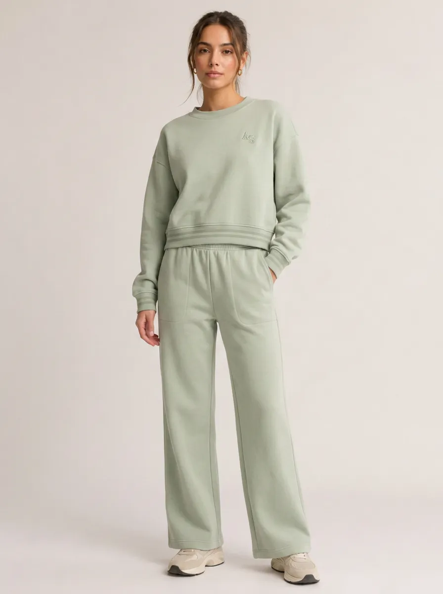 Women's Sage Green Minimalist Embroidered Logo Printed Lounge Set