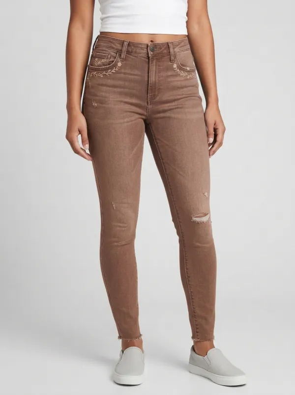 Women's Marin Floral Embroidery Distressed Printed Slim Jeans