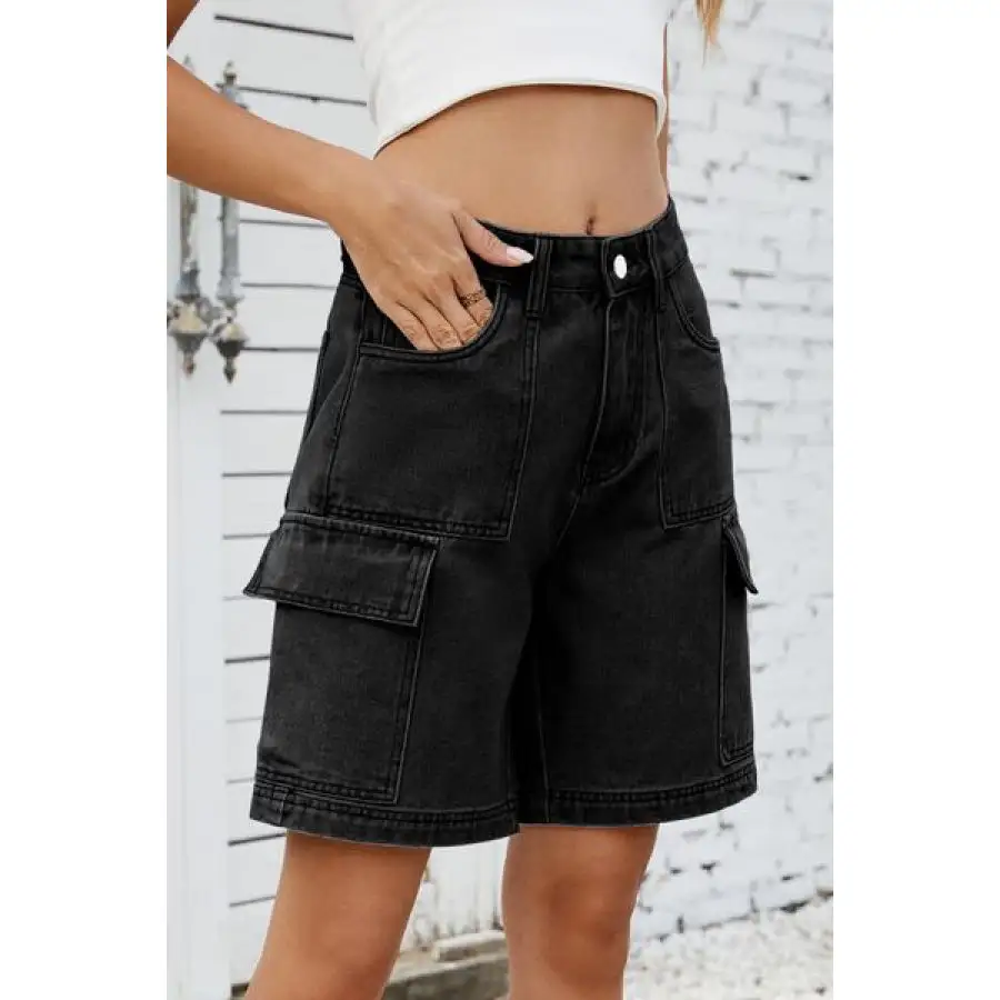 High Rise Pocketed Cargo Denim Shorts