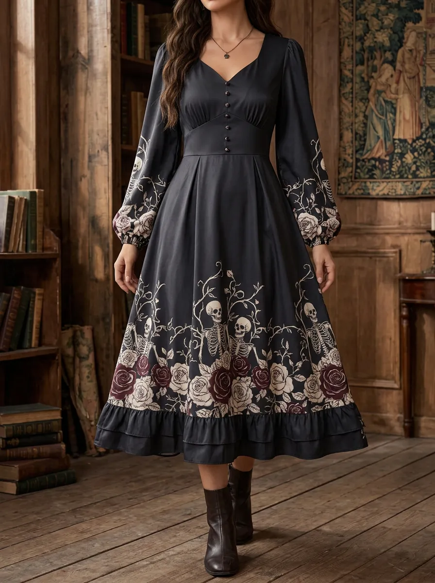 Women's Halloween Gothic Skeleton Rose Printed V-Neck Midi Dress