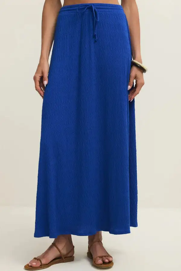 Women's Solid Blue Textured Maxi Skirt