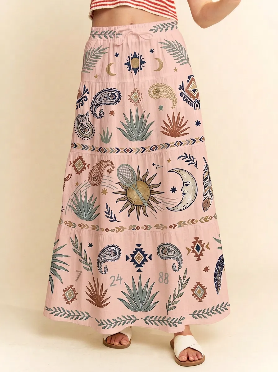 Women's Boho Tennis Sun Moon Paisley Graphic Maxi Skirt