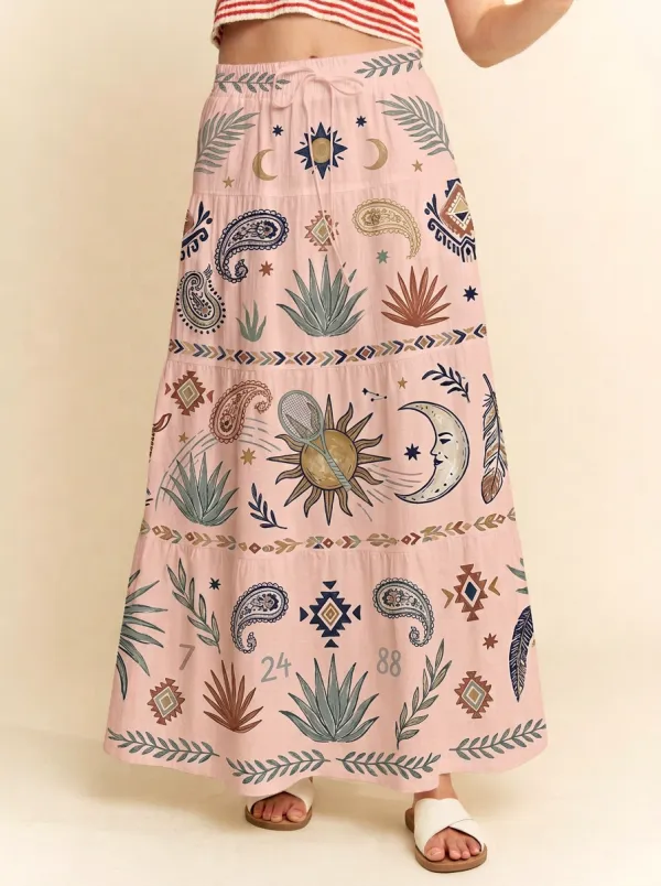 Women's Boho Tennis Sun Moon Paisley Graphic Maxi Skirt