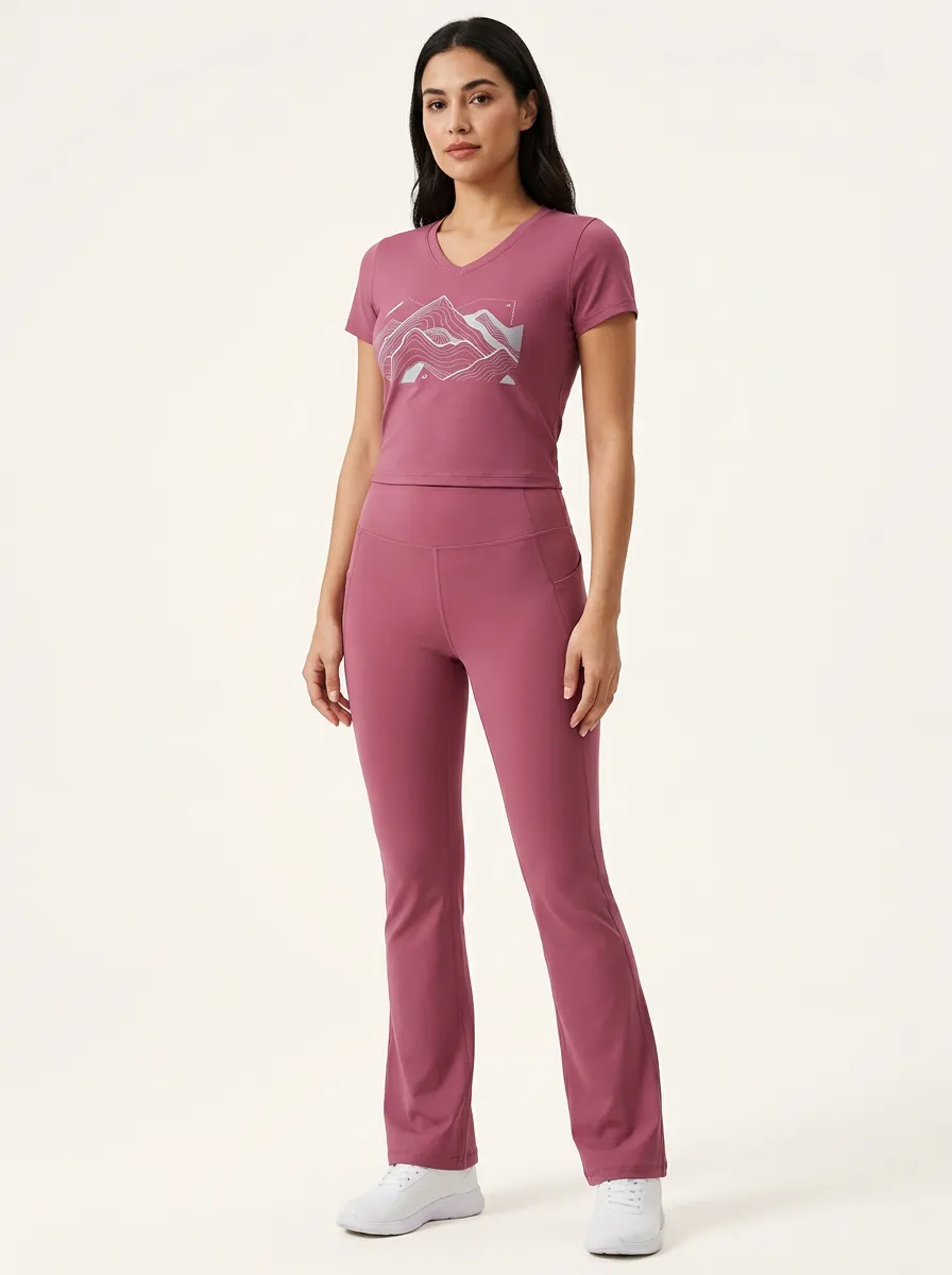 Women's Mountain Graphic V-Neck T-Shirt and Flare Leggings Set