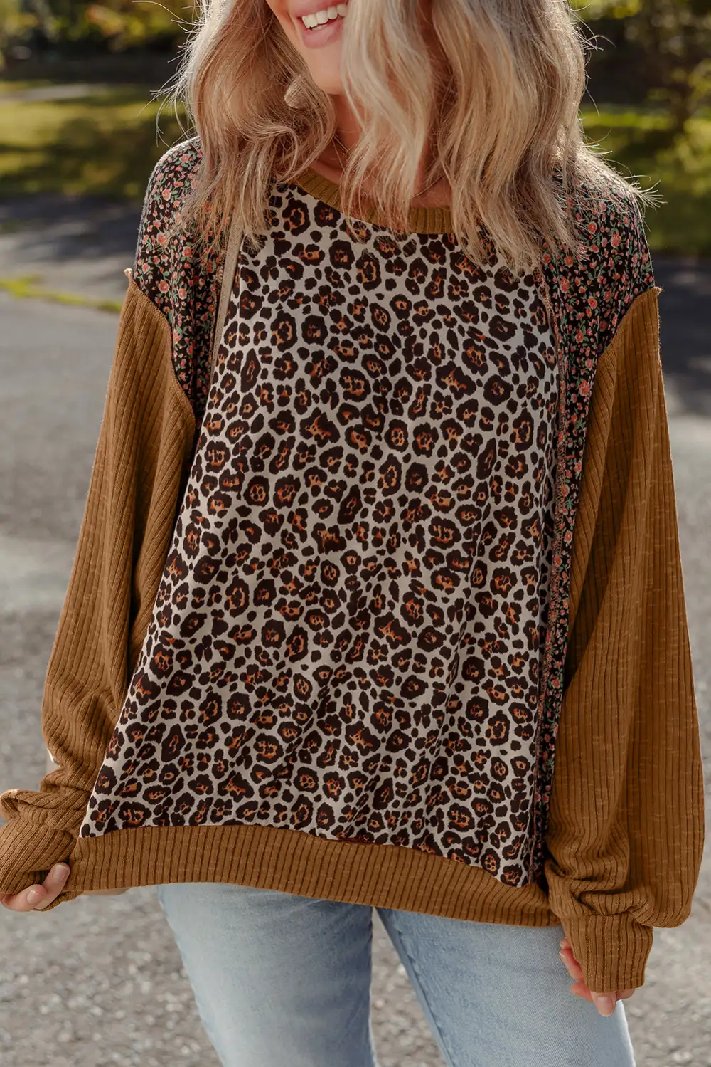 Women's Leopard Print Floral Print Ribbed Pullover Top