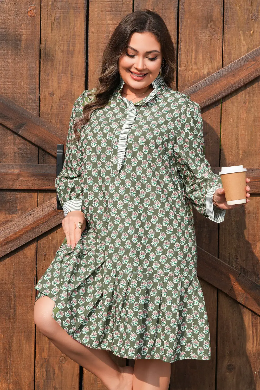 Structured Shape Floral Striped Ruffle Dress