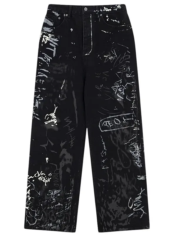 Wide-Leg Graphic-Print Jeans