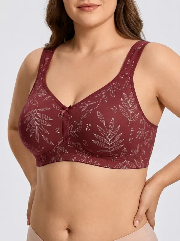 Women's Plus Size Beige Botanical Leaf Full-Coverage V-Neck Wireless Bra
