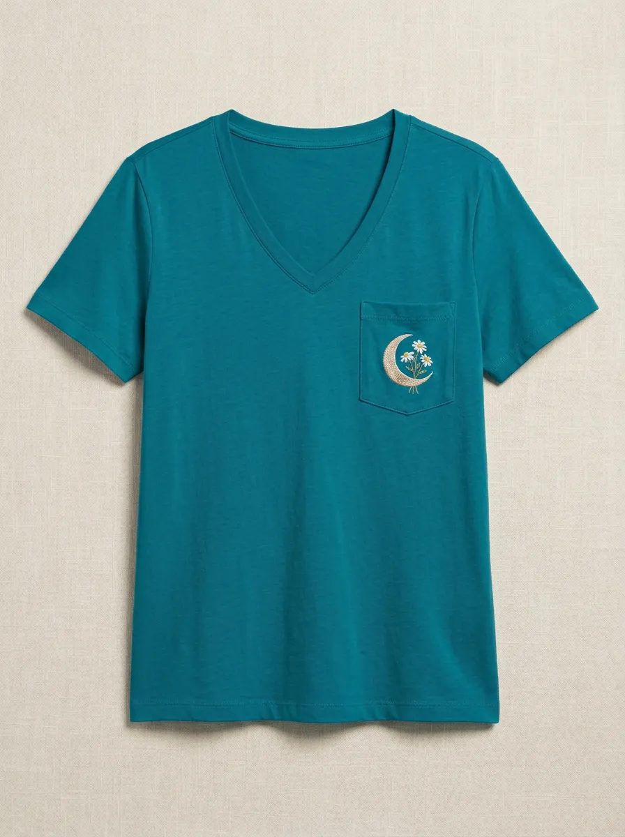 Women's Moon & Daisy Embroidered Pocket V-Neck T-Shirt