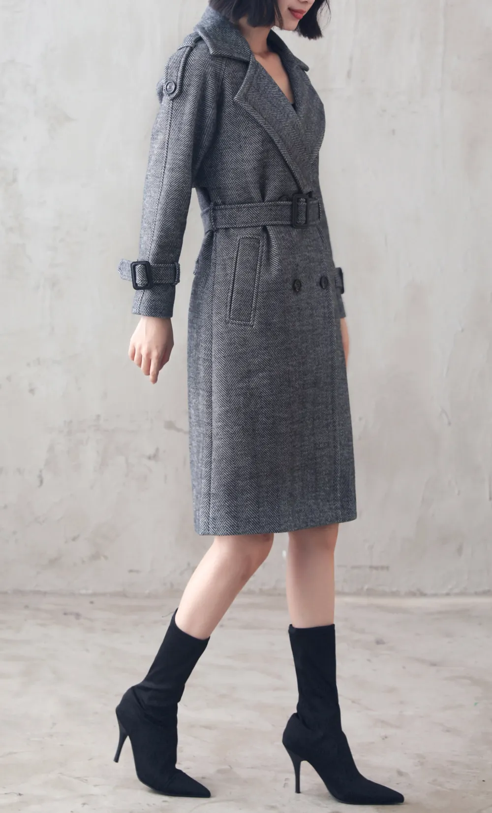Wool Blend Tailored Double Breasted Belted Lapel Collar Midi Coat