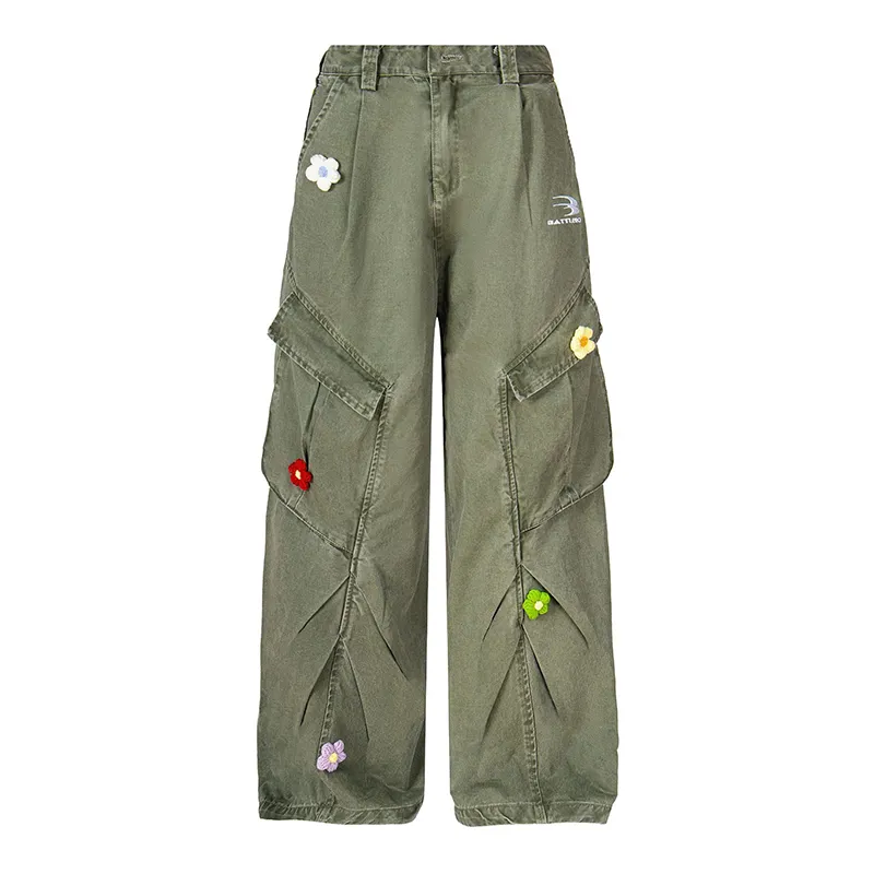 Multi Pocket Embroidered Floral Cargo Pants
