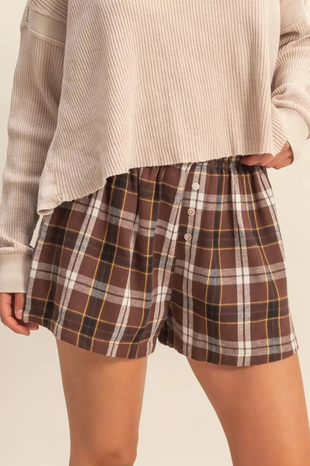 Elastic-Waist Button-Front Cotton Plaid Casual Shorts
