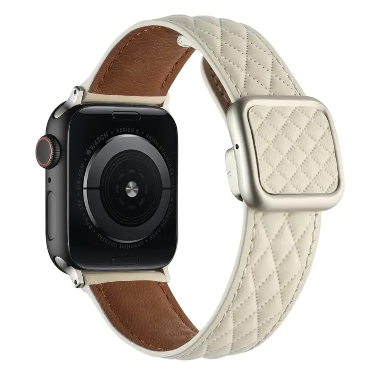 Rhombus Pattern Magnetic Square Buckle Leather Watch Band for Watch Series 5 40 mm - Creamy White