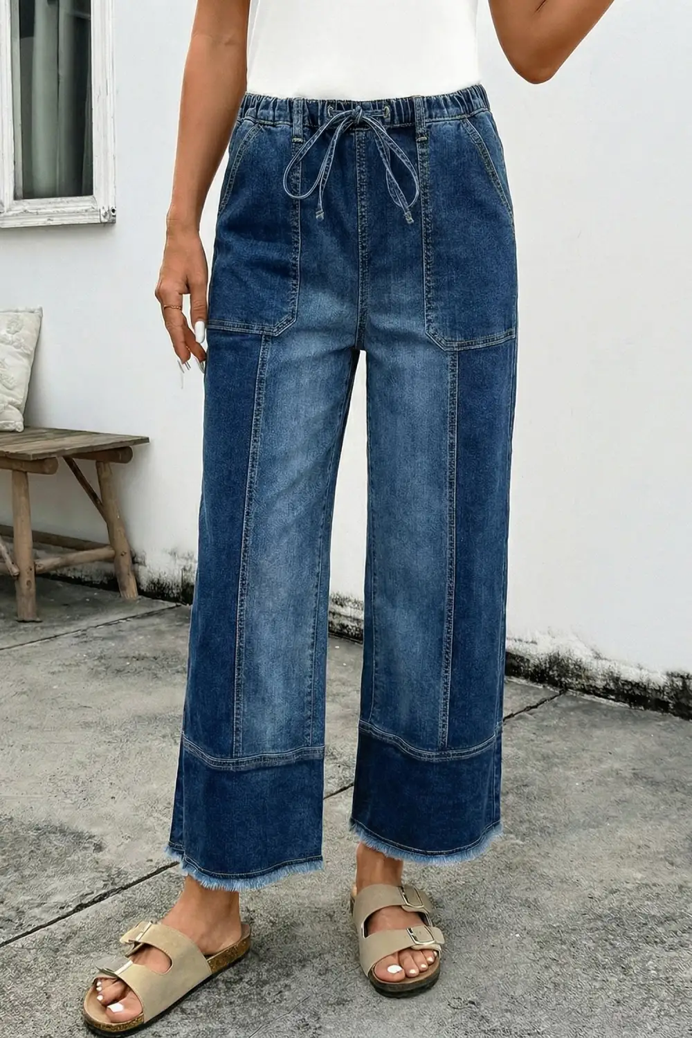 Women's Drawstring Raw Hem Wide Leg Denim Pants