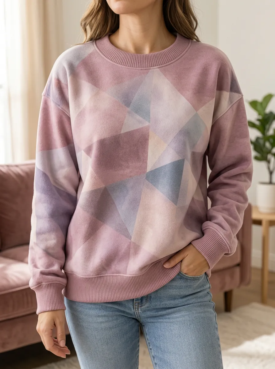 Women's Geometric Pastel Watercolor Printed Fleece Sweatshirt