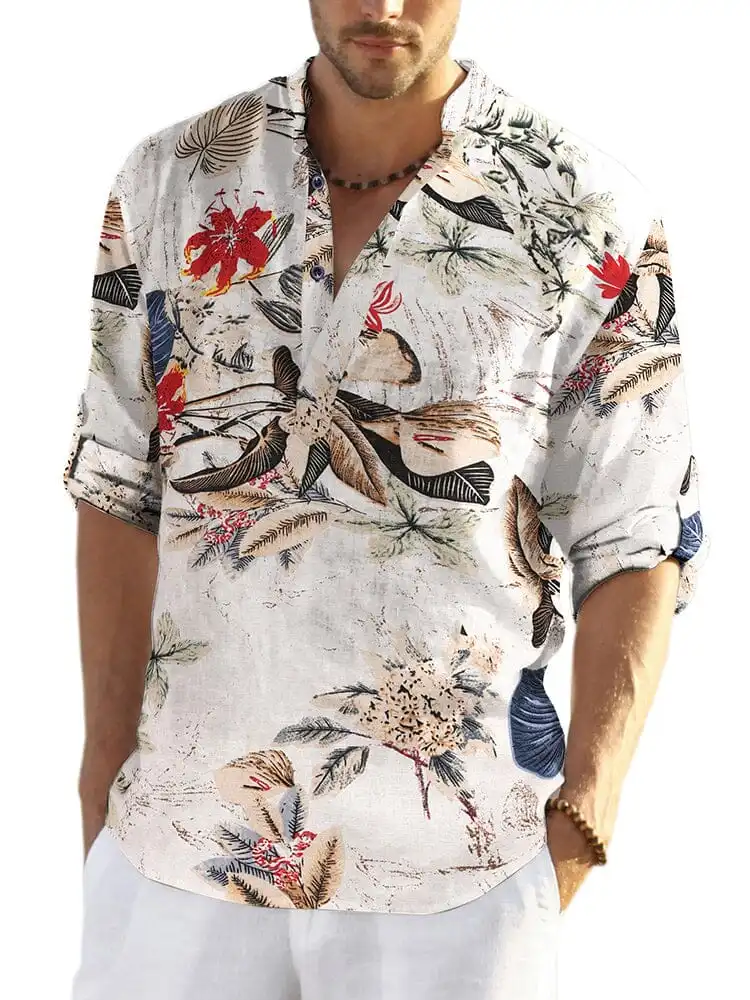 Cotton Linen Printed Henley Shirt