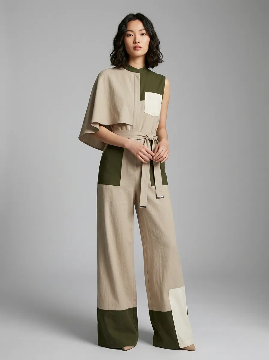 Women's Casual Chic Colorblock Patchwork Belted Jumpsuit