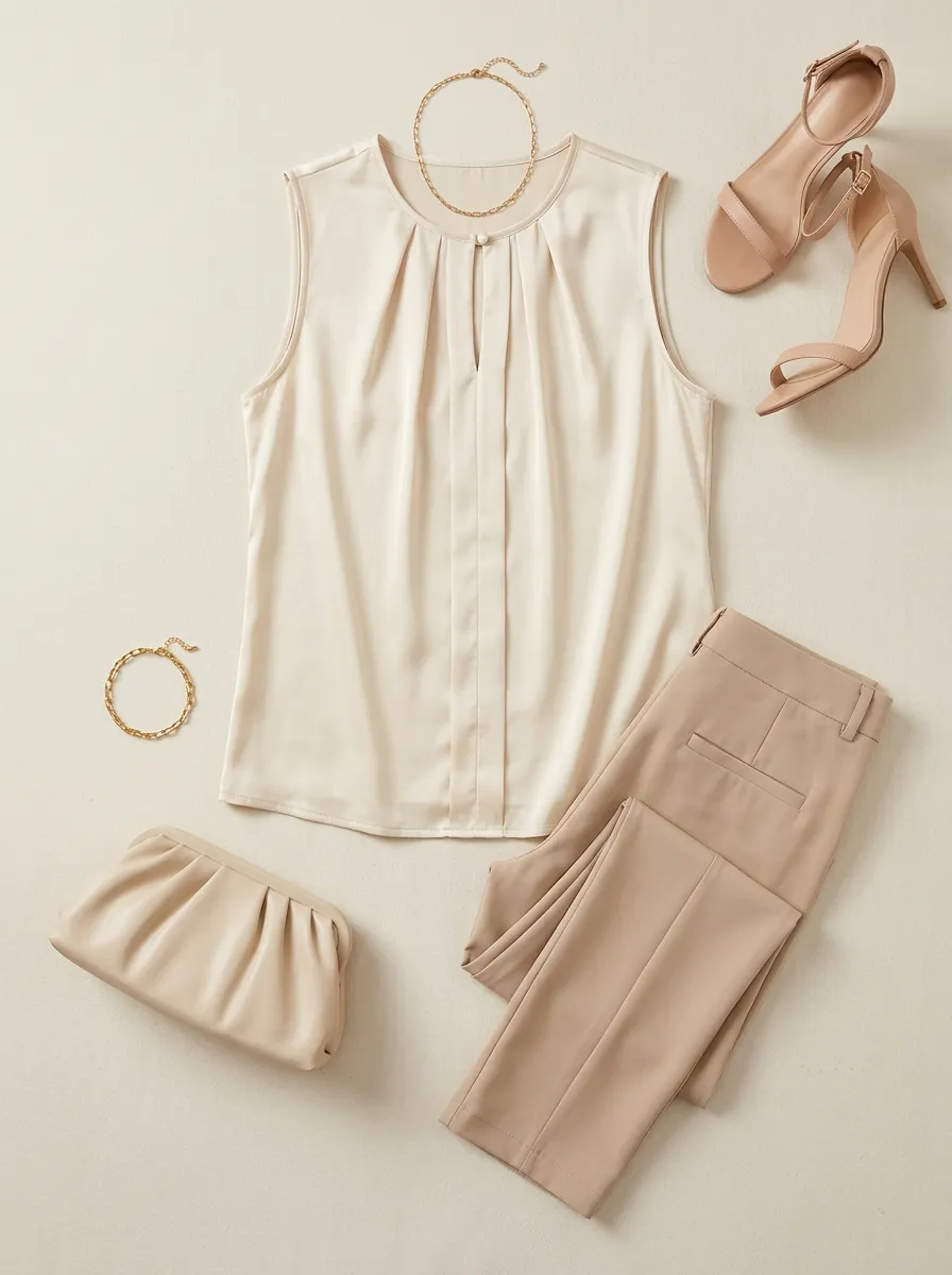 Pleated Keyhole Sleeveless Blouse