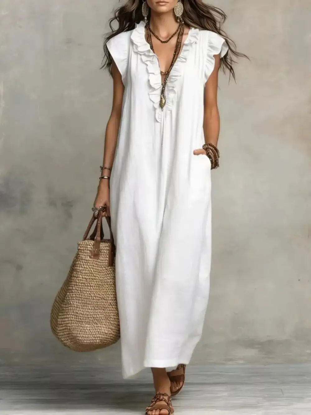 Ruffled V-Neck Maxi Dress