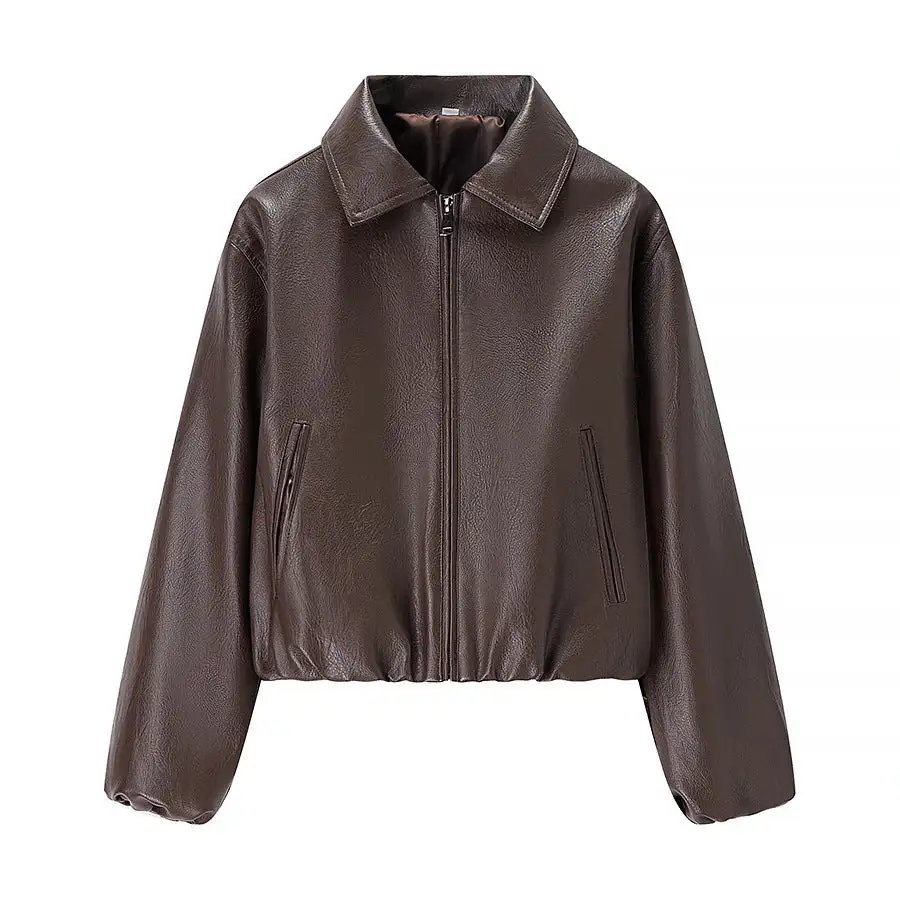 Cropped Faux Leather Shirt Collar Elastic Hem Bomber Jacket
