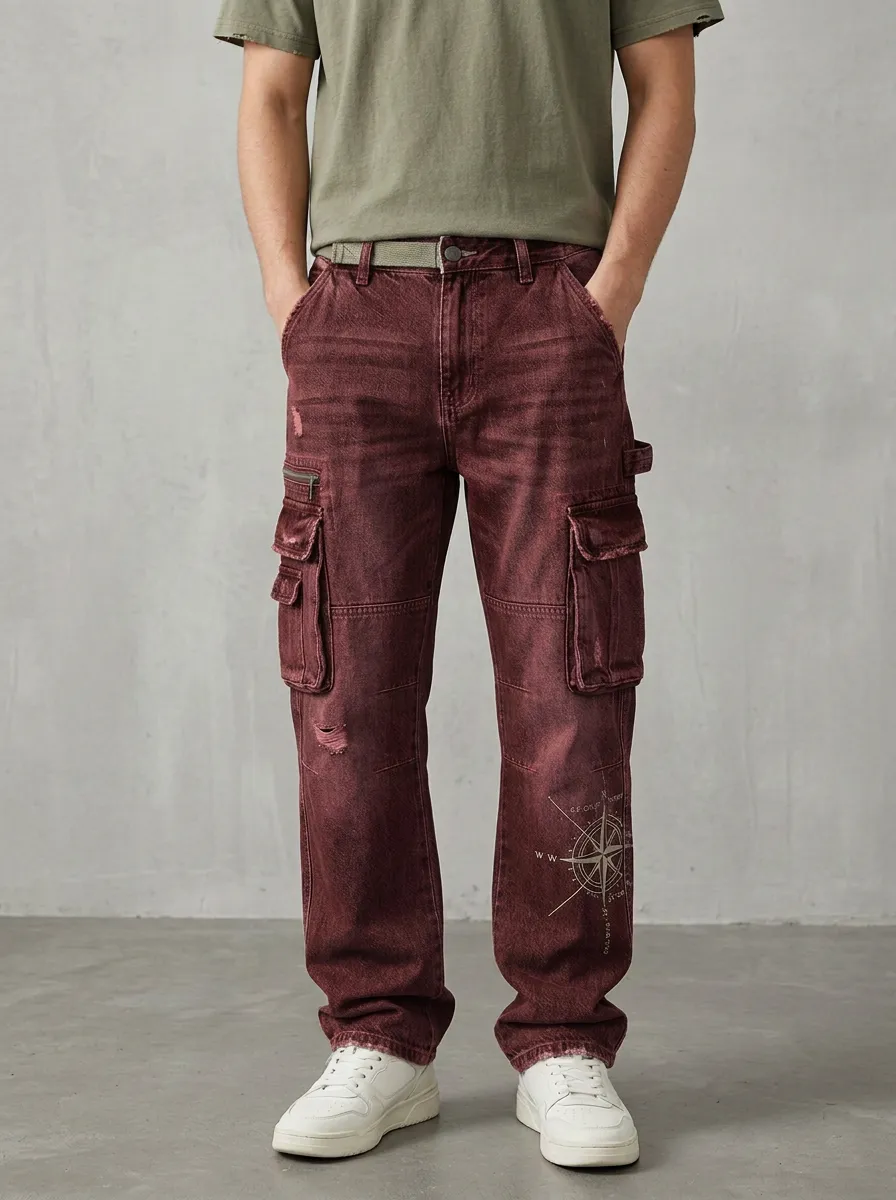 Men's Vintage Compass Printed Distressed Denim Cargo Jeans
