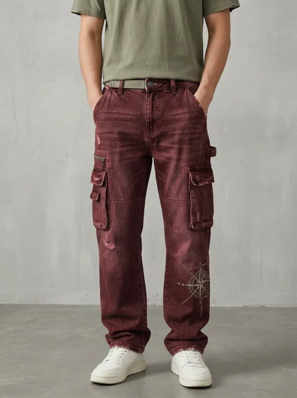Men's Vintage Compass Printed Distressed Denim Cargo Jeans