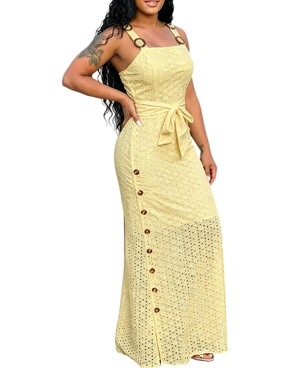 Women's open-back, side-slit embroidered spaghetti strap dress