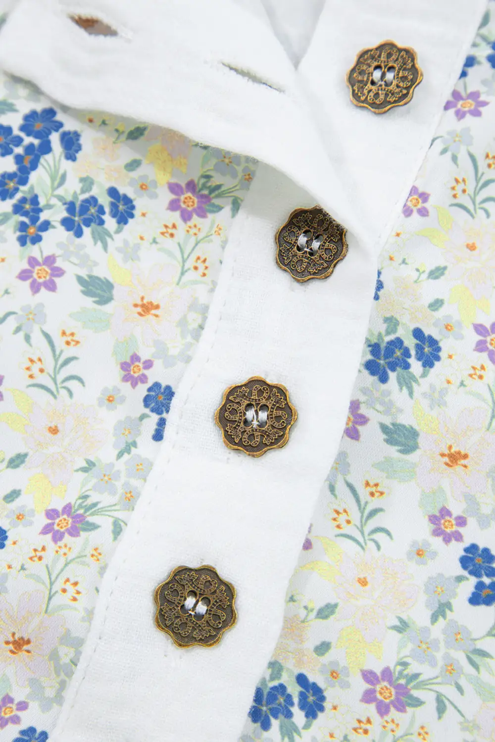 Sky Blue Floral Print Gauze Patchwork Henley Button 3/4 Sleeve Blouse