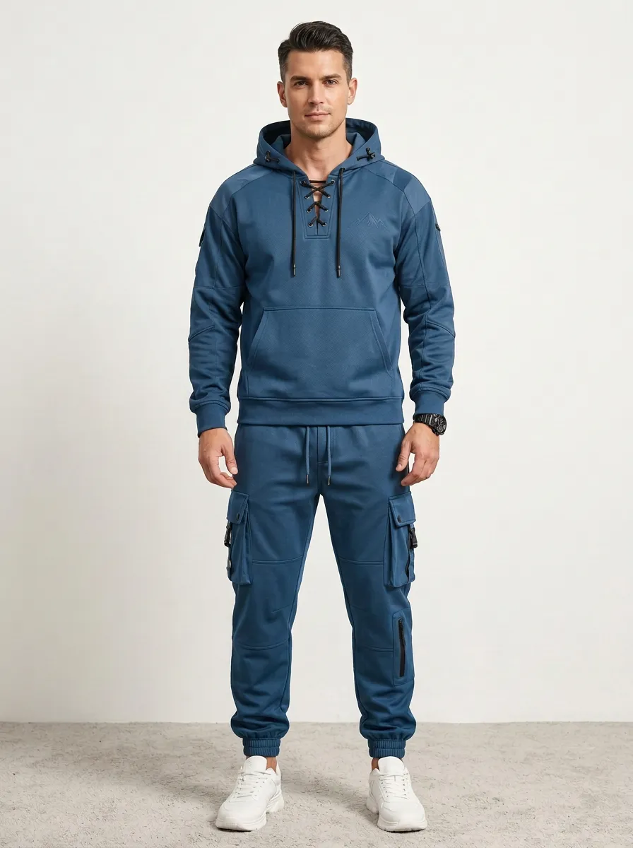 Urban Lace-Up Mountain Graphic Essential Men's Lace Up Hoodie And Cargo Jogger Set