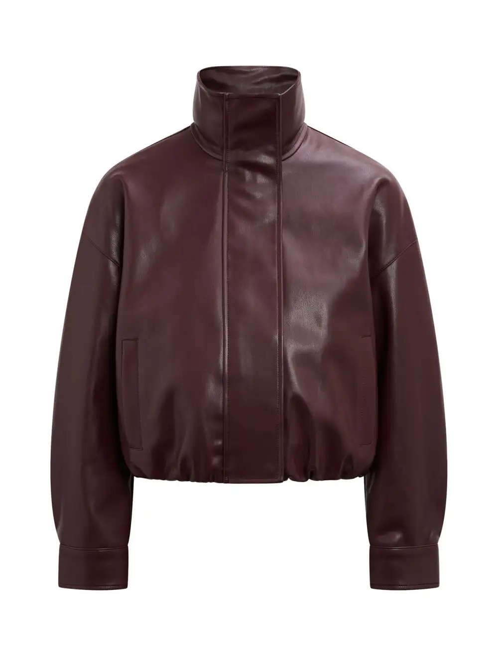Burgundy Petite Funnel Neck Short Faux Leather Coat