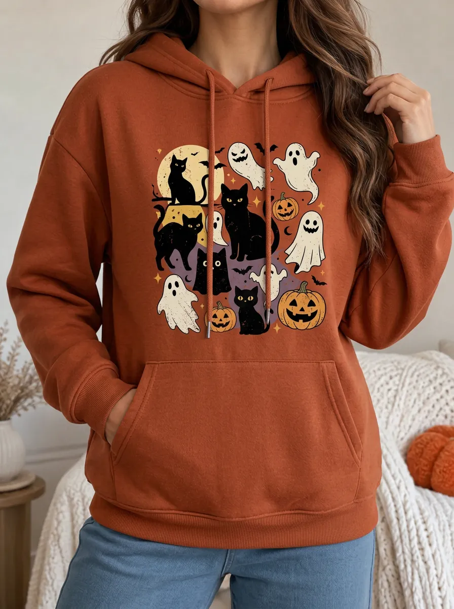 Women's Halloween Ghost Cat Pumpkin Printed Hoodie