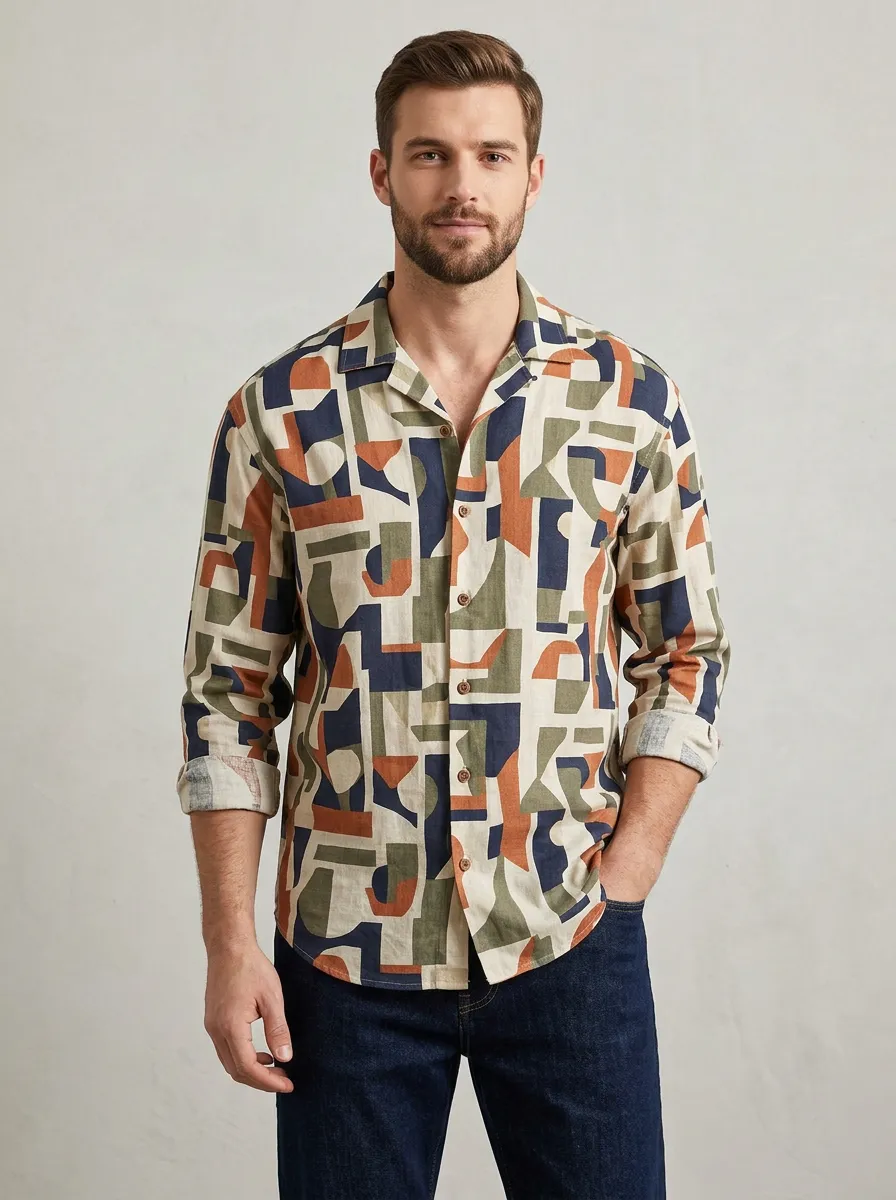 Men's Geometric Abstract Refined Printed Long Sleeve Shirt