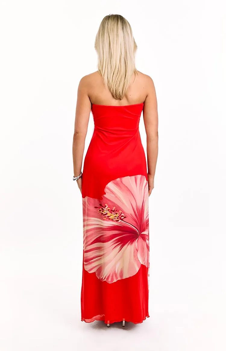 Mesh Strapless Floral Bodycon Maxi Dress